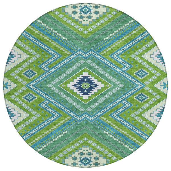 HomeRoots 5' Vibrant Lime Green Aqua Ivory Tribal Area Rug - Washable, Durable, Indoor/Outdoor Accent Piece 8' Round 598132
