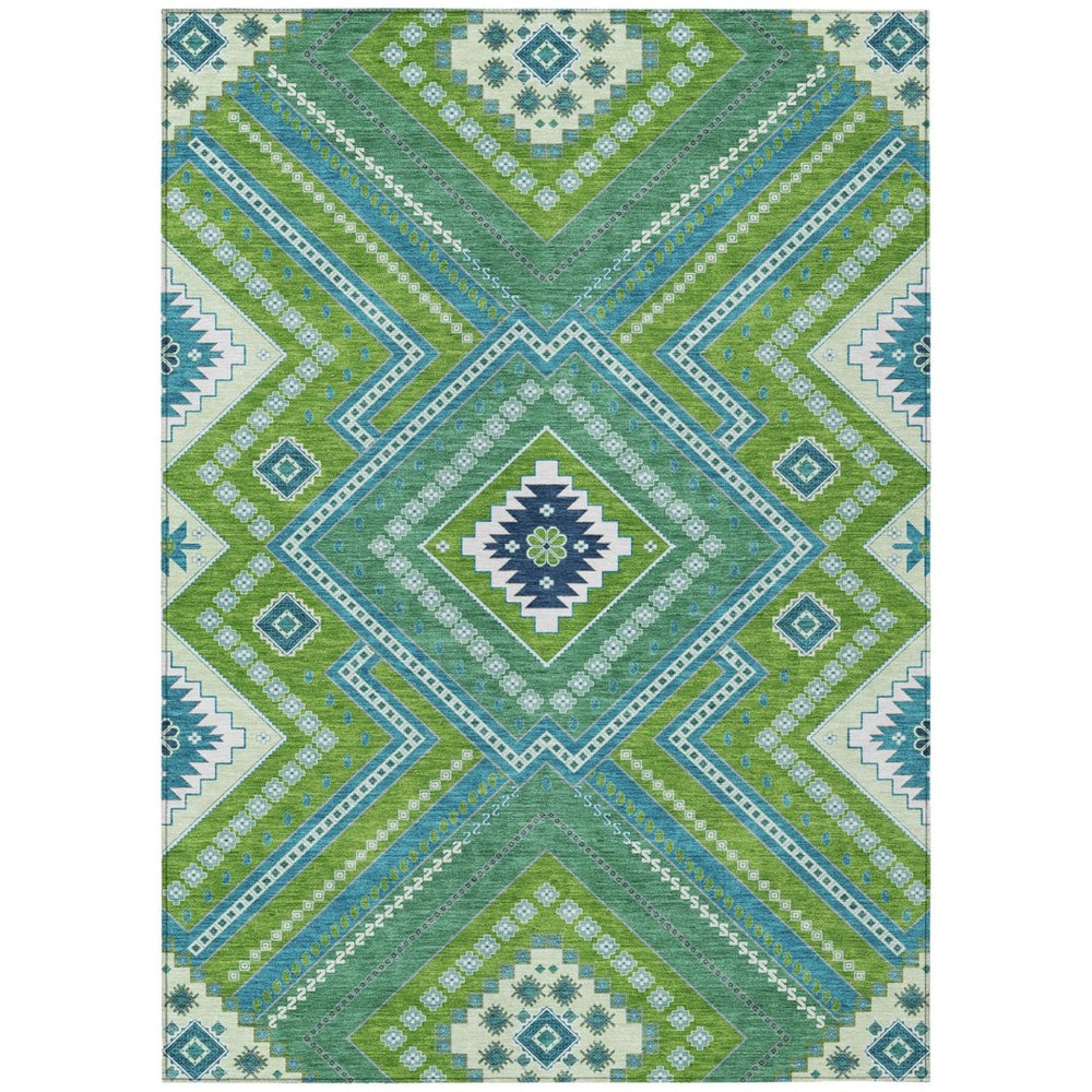 HomeRoots 5' Vibrant Lime Green Aqua Ivory Tribal Area Rug - Washable, Durable, Indoor/Outdoor Accent Piece 10' X 14' 598135