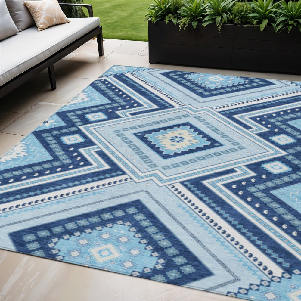 HomeRoots 5' Navy Blue Aqua Ivory Tribal Area Rug – Durable, Washable Design for Indoor and Outdoor Spaces 5' X 8' 598137