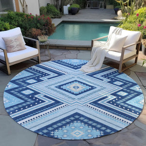 HomeRoots 5' Navy Blue Aqua Ivory Tribal Area Rug – Durable, Washable Design for Indoor and Outdoor Spaces 8' Round 598138