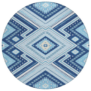 HomeRoots 5' Navy Blue Aqua Ivory Tribal Area Rug – Durable, Washable Design for Indoor and Outdoor Spaces 8' Round 598138