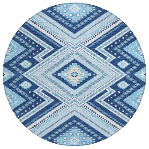 HomeRoots 5' Navy Blue Aqua Ivory Tribal Area Rug – Durable, Washable Design for Indoor and Outdoor Spaces 8' Round 598138