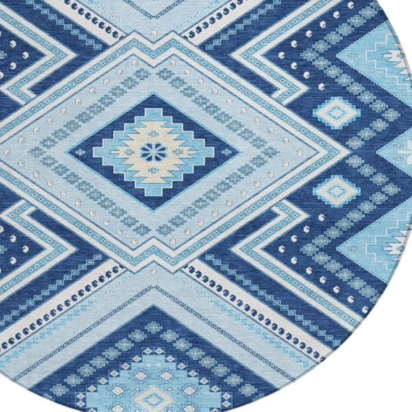 HomeRoots 5' Navy Blue Aqua Ivory Tribal Area Rug – Durable, Washable Design for Indoor and Outdoor Spaces 8' Round 598138
