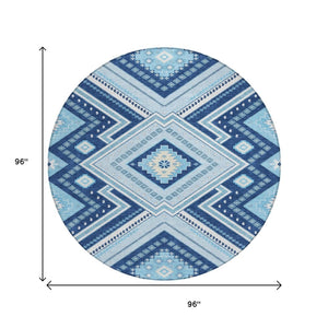 HomeRoots 5' Navy Blue Aqua Ivory Tribal Area Rug – Durable, Washable Design for Indoor and Outdoor Spaces 8' Round 598138