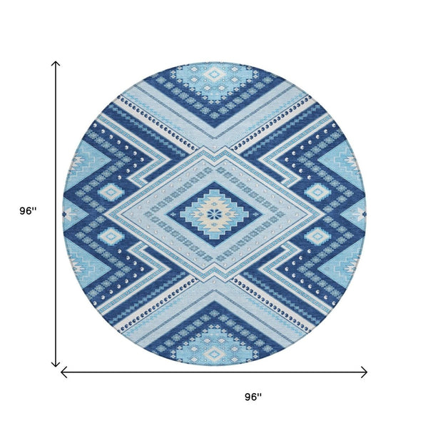 HomeRoots 5' Navy Blue Aqua Ivory Tribal Area Rug – Durable, Washable Design for Indoor and Outdoor Spaces 8' Round 598138