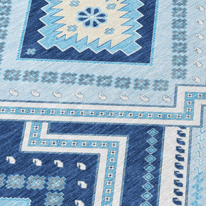 HomeRoots 5' Navy Blue Aqua Ivory Tribal Area Rug – Durable, Washable Design for Indoor and Outdoor Spaces 8' Round 598138