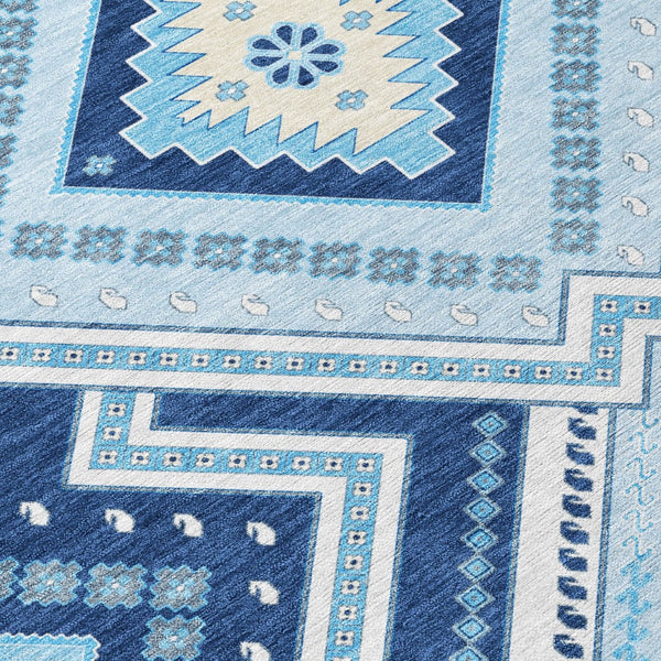 HomeRoots 5' Navy Blue Aqua Ivory Tribal Area Rug – Durable, Washable Design for Indoor and Outdoor Spaces 8' Round 598138