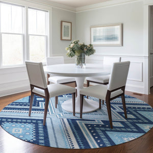 HomeRoots 5' Navy Blue Aqua Ivory Tribal Area Rug – Durable, Washable Design for Indoor and Outdoor Spaces 8' Round 598138