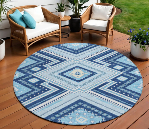 HomeRoots 5' Navy Blue Aqua Ivory Tribal Area Rug – Durable, Washable Design for Indoor and Outdoor Spaces 8' Round 598138