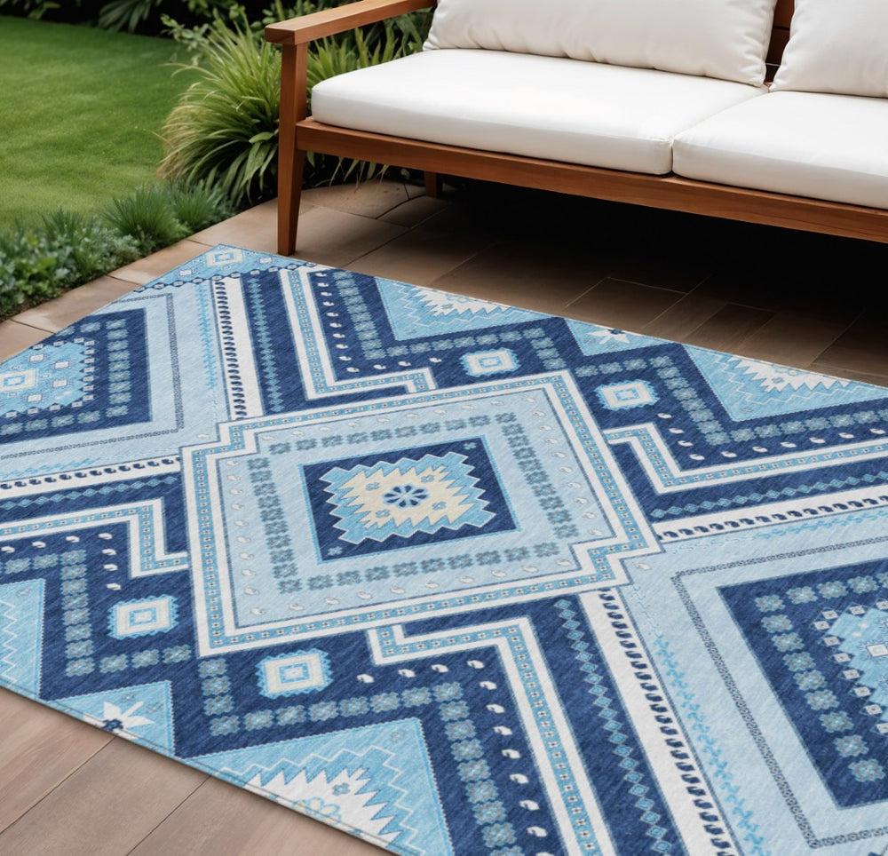 HomeRoots 9' Stylish Tribal Area Rug - Navy Blue, Aqua & Ivory - Durable, Washable for Indoor/Outdoor Use 598140