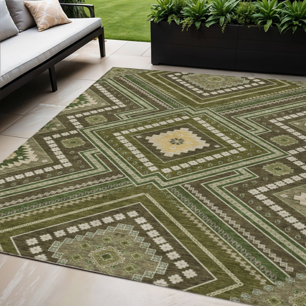HomeRoots 5' Olive Green, Gray & Ivory Tribal Area Rug - Durable, Washable for Indoor & Outdoor Spaces 5' X 8' 598143