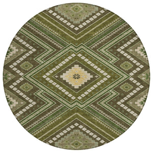 HomeRoots 5' Olive Green, Gray & Ivory Tribal Area Rug - Durable, Washable for Indoor & Outdoor Spaces 8' Round 598144