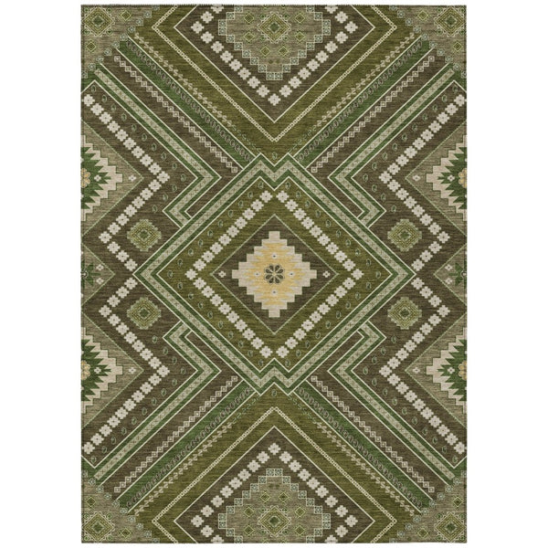 HomeRoots 5' Olive Green, Gray & Ivory Tribal Area Rug - Durable, Washable for Indoor & Outdoor Spaces 8' X 10' 598145
