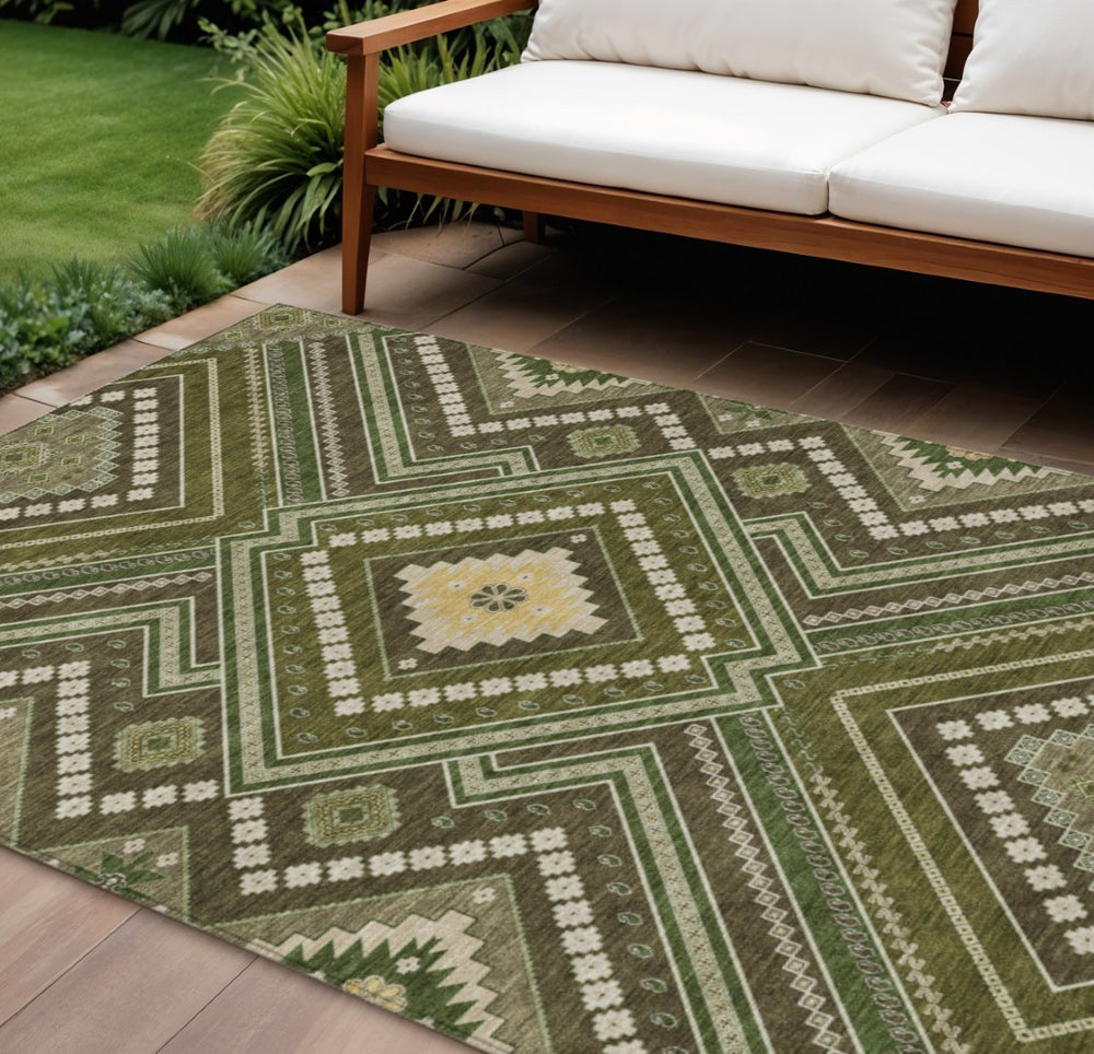 HomeRoots 9' Olive Green, Gray & Ivory Tribal Washable Area Rug - Durable, Stylish, Indoor/Outdoor Essential! 598146