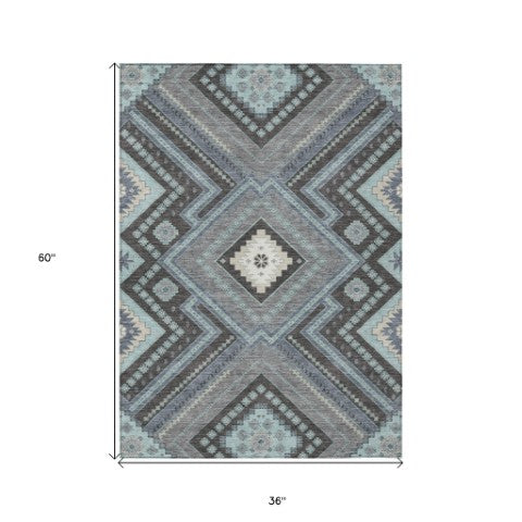 Homeroots 3' Beige Gray Ivory Tribal Washable Area Rug For Indoor Outdoor Use - Durable And Stylish Design 3' X 5' Polyester 598148