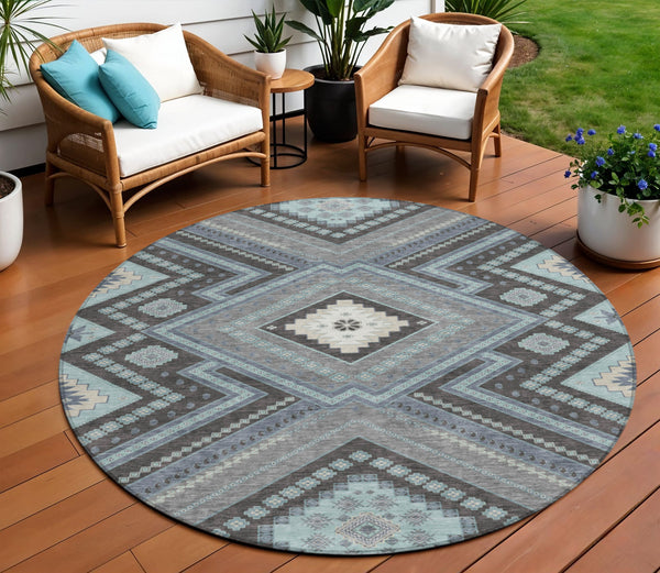 Homeroots 3' Beige Gray Ivory Tribal Washable Area Rug For Indoor Outdoor Use - Durable And Stylish Design 8' Round Polyester 598150