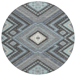 HomeRoots 5' Stylish Pewter Charcoal and Sky Blue Tribal Area Rug for Indoor and Outdoor Spaces, Easy Care 8' Round 598150