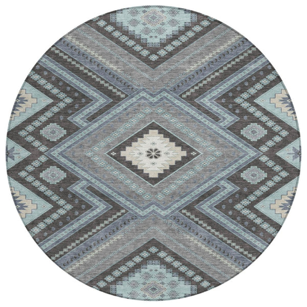 HomeRoots 5' Stylish Pewter Charcoal and Sky Blue Tribal Area Rug for Indoor and Outdoor Spaces, Easy Care 8' Round 598150