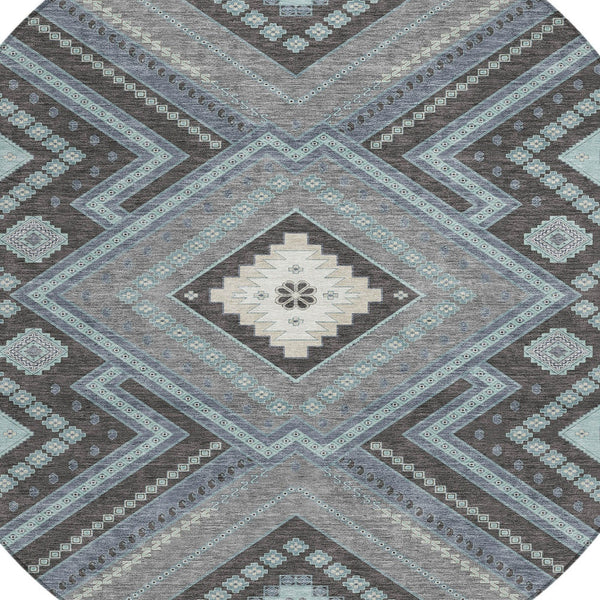 Homeroots 3' Beige Gray Ivory Tribal Washable Area Rug For Indoor Outdoor Use - Durable And Stylish Design 8' Round Polyester 598150