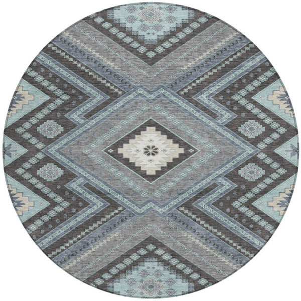 Homeroots 3' Beige Gray Ivory Tribal Washable Area Rug For Indoor Outdoor Use - Durable And Stylish Design 8' Round Polyester 598150