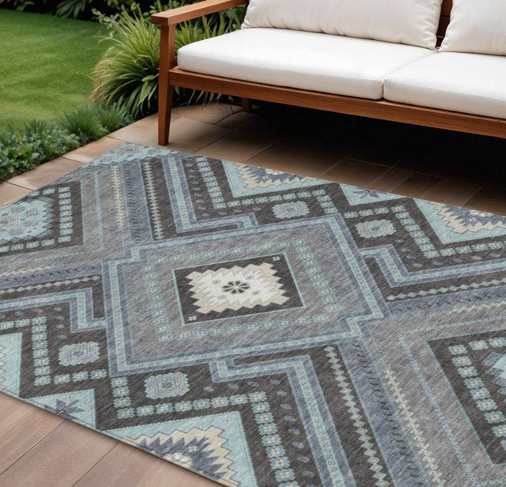 HomeRoots 9' X 12' Tribal Washable Area Rug in Pewter Charcoal & Sky Blue - Durable, Stylish, Indoor/Outdoor Use 598152