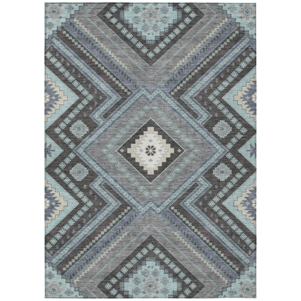 HomeRoots 9' X 12' Tribal Washable Area Rug in Pewter Charcoal & Sky Blue - Durable, Stylish, Indoor/Outdoor Use 598152