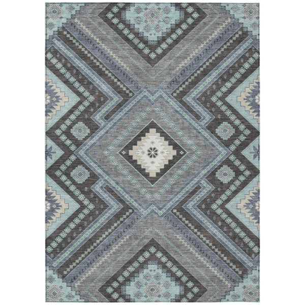 HomeRoots 5' Stylish Pewter Charcoal and Sky Blue Tribal Area Rug for Indoor and Outdoor Spaces, Easy Care 10' X 14' 598153