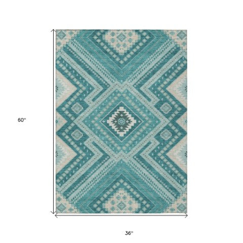 Homeroots 3' Beige Gray Ivory Tribal Washable Area Rug For Indoor Outdoor Use - Durable And Stylish Design 3' X 5' Polyester 598154