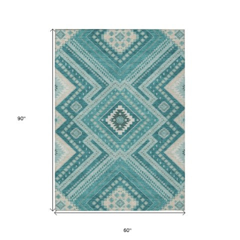 Homeroots 3' Beige Gray Ivory Tribal Washable Area Rug For Indoor Outdoor Use - Durable And Stylish Design 5' X 8' Polyester 598155