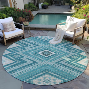Homeroots 3' Beige Gray Ivory Tribal Washable Area Rug For Indoor Outdoor Use - Durable And Stylish Design 8' Round Polyester 598156