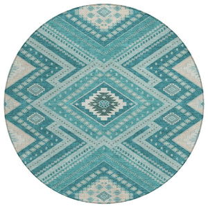 HomeRoots 5' Teal Blue and Ivory Tribal Area Rug - Durable, Washable Design for Indoor and Outdoor Spaces 8' Round 598156