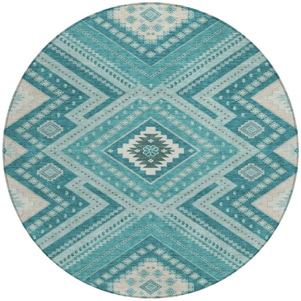 Homeroots 3' Beige Gray Ivory Tribal Washable Area Rug For Indoor Outdoor Use - Durable And Stylish Design 8' Round Polyester 598156