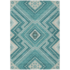 HomeRoots 5' Teal Blue and Ivory Tribal Area Rug - Durable, Washable Design for Indoor and Outdoor Spaces 8' X 10' 598157