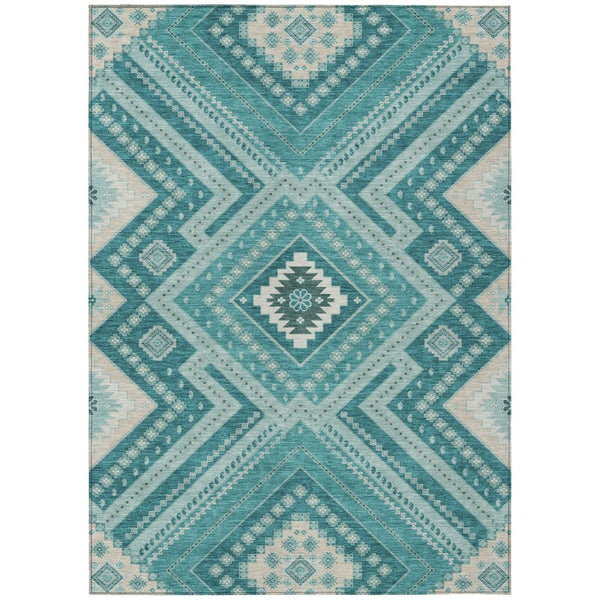 HomeRoots 5' Teal Blue and Ivory Tribal Area Rug - Durable, Washable Design for Indoor and Outdoor Spaces 8' X 10' 598157