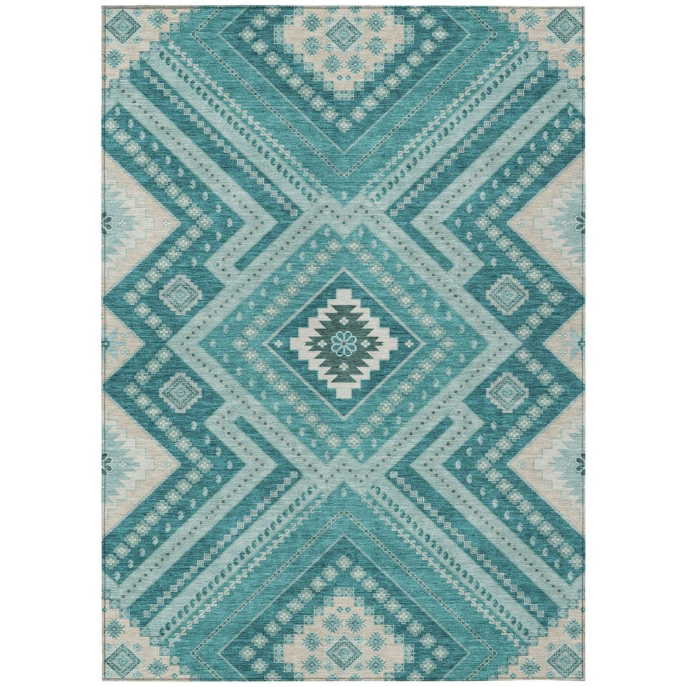 HomeRoots 5' Teal Blue and Ivory Tribal Area Rug - Durable, Washable Design for Indoor and Outdoor Spaces 10' X 14' 598159