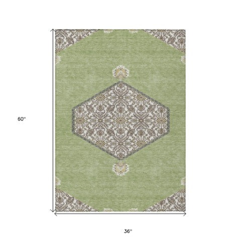 Homeroots 3' Artichoke Green Beige Ivory Oriental Washable Area Rug For Indoor Outdoor Spaces, Durable Design 3' X 5' Polyester 598160