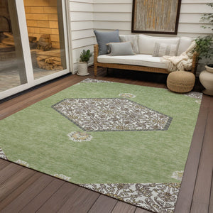 Homeroots 3' Artichoke Green Beige Ivory Oriental Washable Area Rug For Indoor Outdoor Spaces, Durable Design 3' X 5' Polyester 598160
