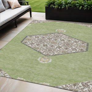 Homeroots 3' Artichoke Green Beige Ivory Oriental Washable Area Rug For Indoor Outdoor Spaces, Durable Design 5' X 8' Polyester 598161