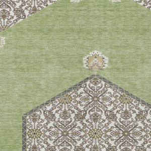 Homeroots 3' Artichoke Green Beige Ivory Oriental Washable Area Rug For Indoor Outdoor Spaces, Durable Design 5' X 8' Polyester 598161