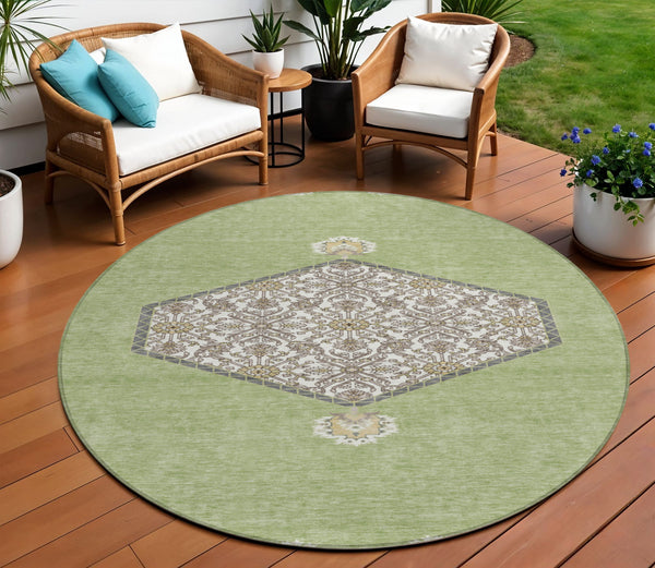 Homeroots 3' Artichoke Green Beige Ivory Oriental Washable Area Rug For Indoor Outdoor Spaces, Durable Design 8' Round Polyester 598162