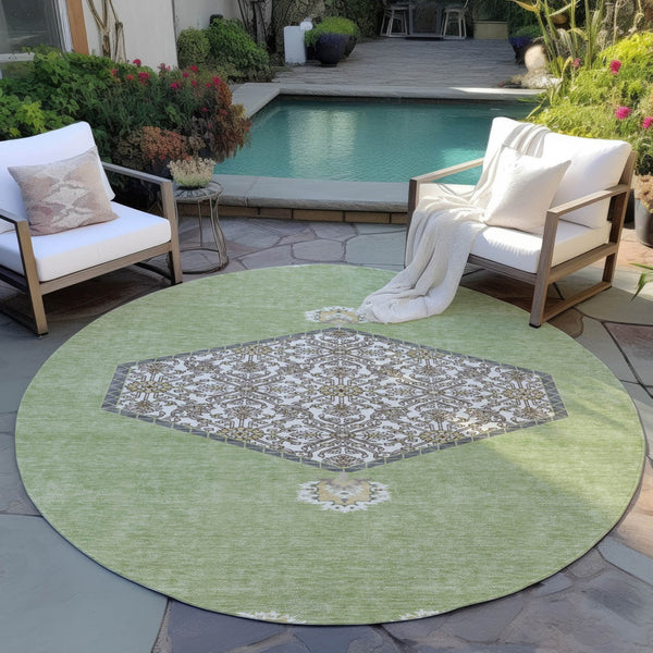 Homeroots 3' Artichoke Green Beige Ivory Oriental Washable Area Rug For Indoor Outdoor Spaces, Durable Design 8' Round Polyester 598162