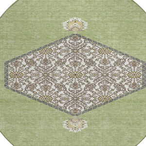 Homeroots 3' Artichoke Green Beige Ivory Oriental Washable Area Rug For Indoor Outdoor Spaces, Durable Design 8' Round Polyester 598162