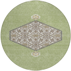 Homeroots 3' Artichoke Green Beige Ivory Oriental Washable Area Rug For Indoor Outdoor Spaces, Durable Design 8' Round Polyester 598162