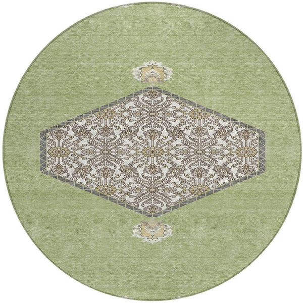 Homeroots 3' Artichoke Green Beige Ivory Oriental Washable Area Rug For Indoor Outdoor Spaces, Durable Design 8' Round Polyester 598162