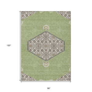 Homeroots 3' Artichoke Green Beige Ivory Oriental Washable Area Rug For Indoor Outdoor Spaces, Durable Design 8' X 10' Polyester 598163