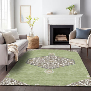 Homeroots 3' Artichoke Green Beige Ivory Oriental Washable Area Rug For Indoor Outdoor Spaces, Durable Design 8' X 10' Polyester 598163