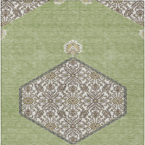 Homeroots 3' Artichoke Green Beige Ivory Oriental Washable Area Rug For Indoor Outdoor Spaces, Durable Design 9' X 12' Polyester 598164