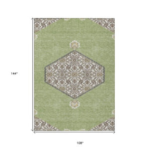 Homeroots 3' Artichoke Green Beige Ivory Oriental Washable Area Rug For Indoor Outdoor Spaces, Durable Design 9' X 12' Polyester 598164