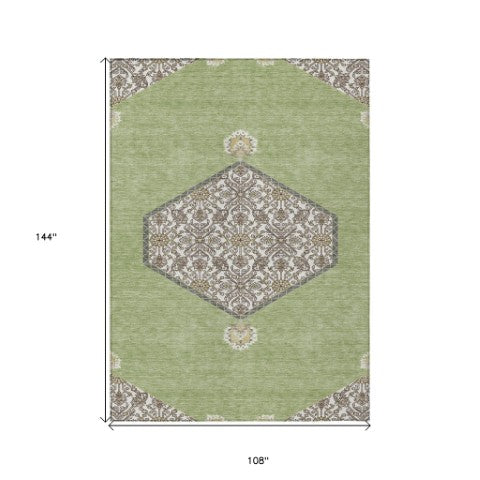 Homeroots 3' Artichoke Green Beige Ivory Oriental Washable Area Rug For Indoor Outdoor Spaces, Durable Design 9' X 12' Polyester 598164