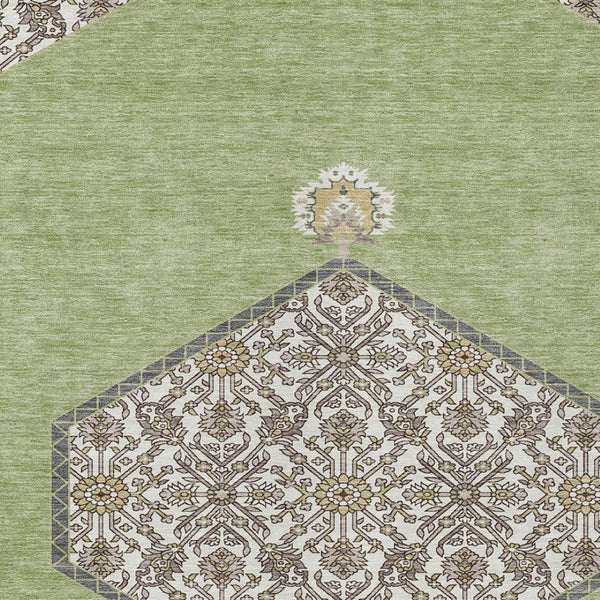 Homeroots 3' Artichoke Green Beige Ivory Oriental Washable Area Rug For Indoor Outdoor Spaces, Durable Design 9' X 12' Polyester 598164